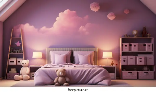 A cozy pink bedroom with a cloud mural