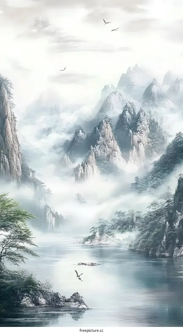 Watercolor Painting of Misty Mountain Landscape