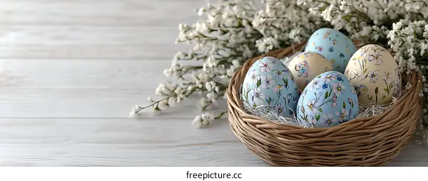 Easter Eggs in a Basket with Flowers on a Wooden Table