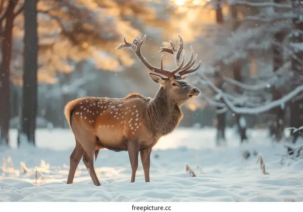A majestic deer stands in the snow-covered forest