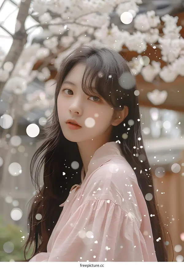 Portrait of Asian Woman with Flowers and Snow Falling