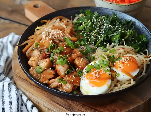 Korean food with egg and vegetables