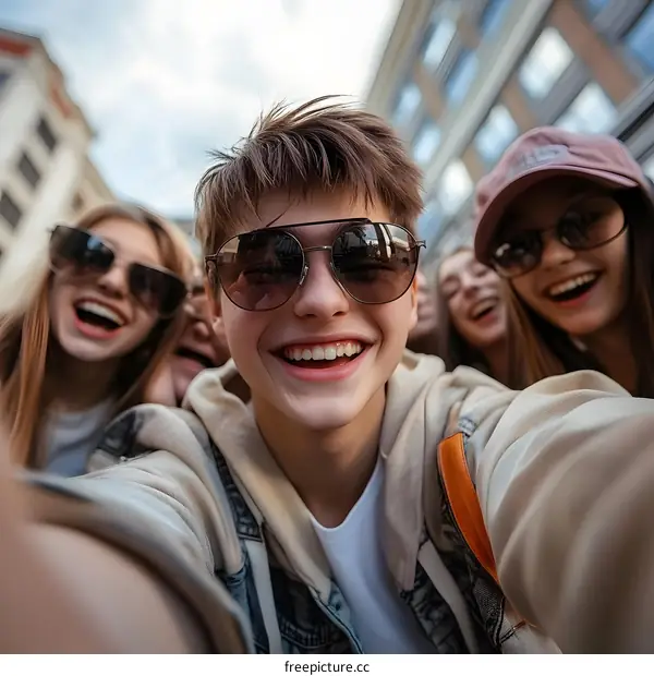 Group Of Friends Taking Selfie Together In The City