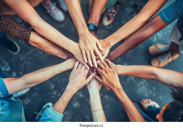 Multiracial group of people joining hands together in unity and support