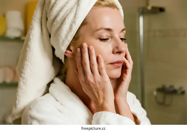 Mature Woman Applying Skincare Product in Bathroom