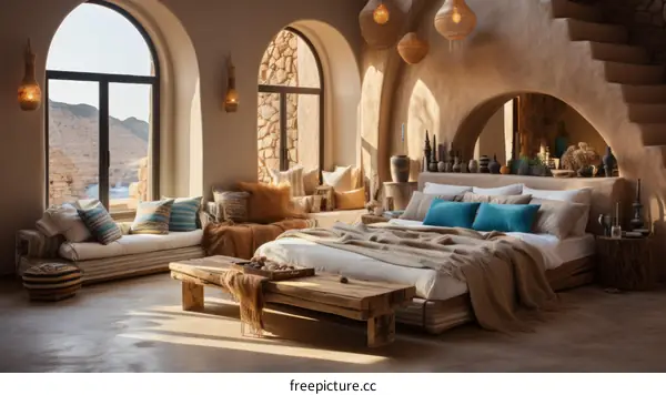 Earthy Moroccan Bedroom With Stone Walls and Arched Windows