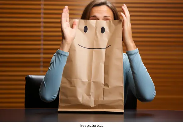 woman hiding her face behind a paper bag with a smiley face on it