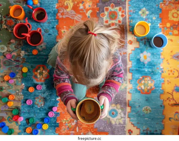 Little girl drinking coffee from a big cup