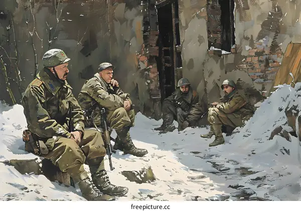 A group of soldiers are taking a break during the war.