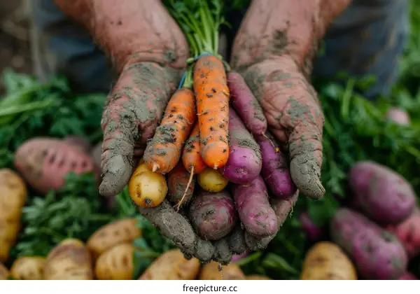 A farmer holding a handful of colorful carrots and potatoes