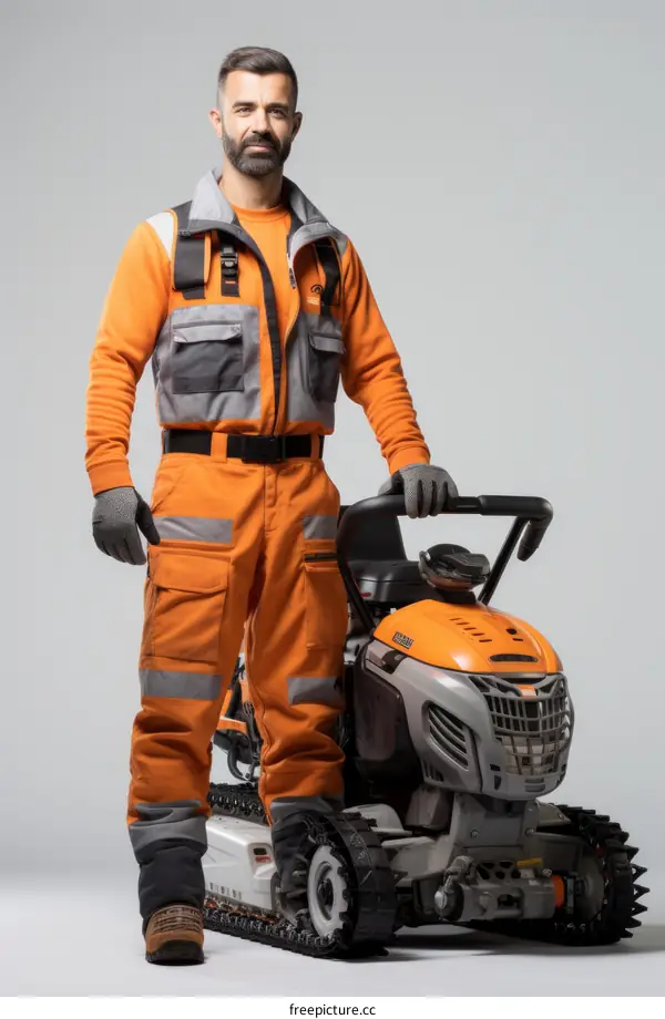 Man in orange workwear standing next to a lawnmower