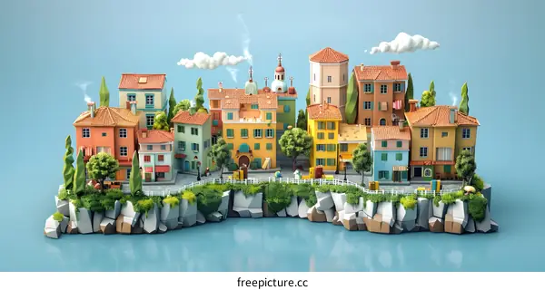 A beautiful illustration of a small town on a cliff by the sea