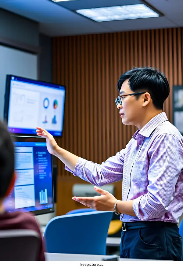 Asian Man Presenting Data Analysis on Computer Screen