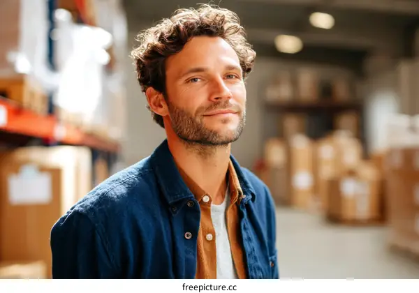 Warehouse Worker Portrait in a Busy Storage Facility