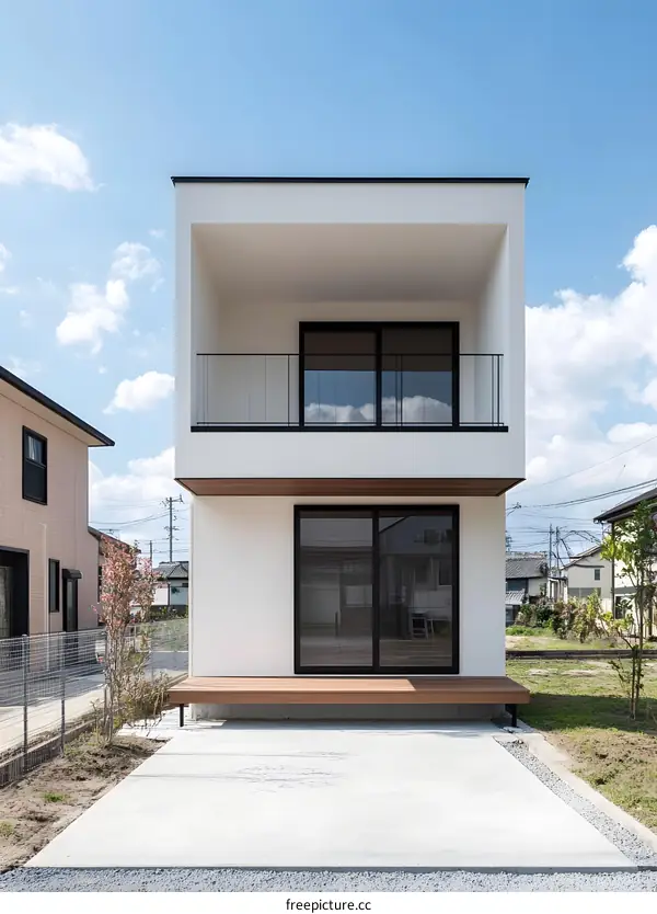 Modern Two Story White House With Balcony And Wooden Deck
