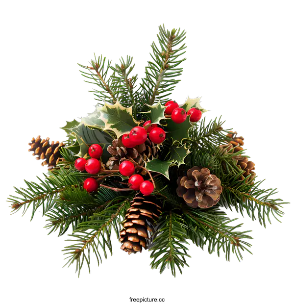 [Transparent Background PNG]Christmas Decoration with Pine Branches, Holly, and Pine Cones