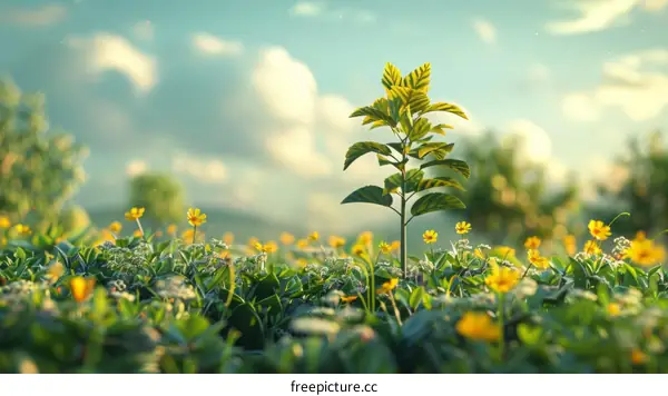 Small plant growing in a field of flowers