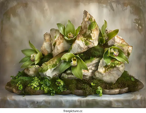 Green Orchids and Stones on a Mossy Surface