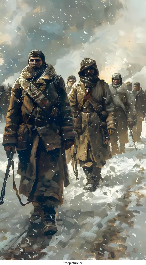 A group of soldiers in winter gear marching through the snow.