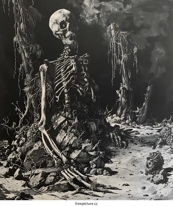Skeleton In A Black And White Landscape