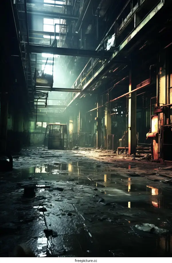 An abandoned factory building with water on the floor