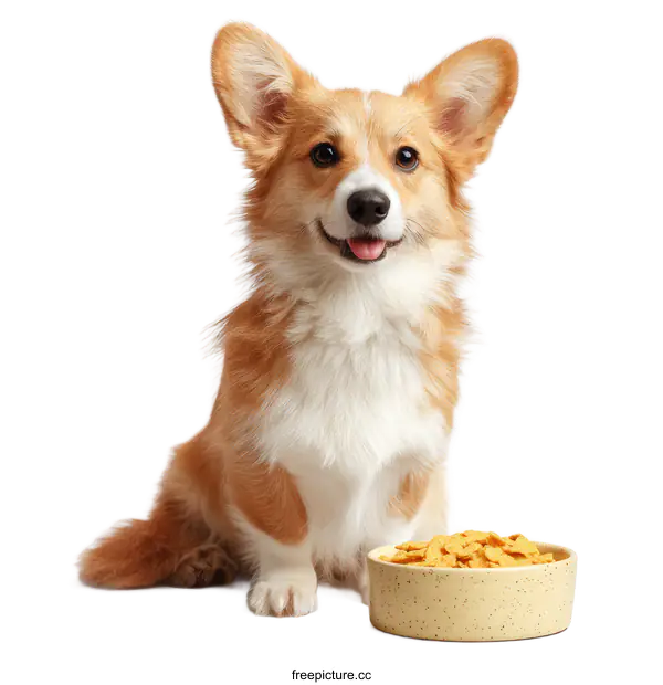 [Transparent Background PNG]Adorable Pembroke Welsh Corgi with Food Bowl