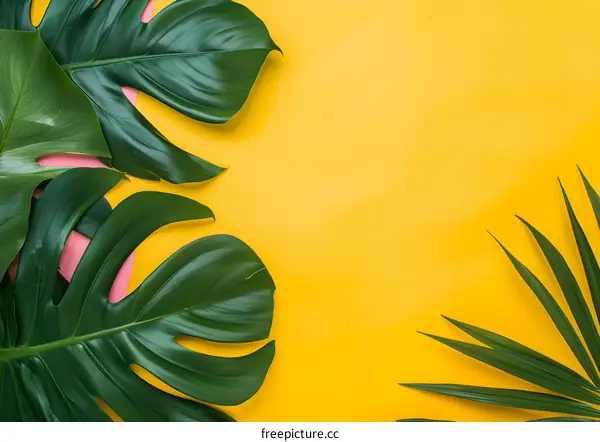 Tropical Leaves on Yellow Background