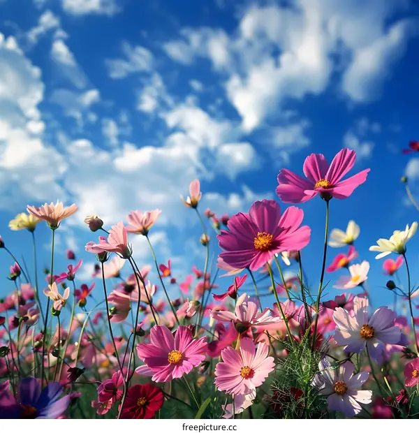 Cosmos Flowers Field Against Blue Sky With White Clouds