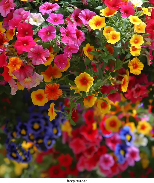 Colorful Petunias in Hanging Baskets