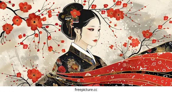 Portrait of a Japanese woman in traditional kimono with red and white plum blossoms