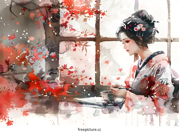 A Japanese woman wearing a kimono is sitting by the window and reading a book