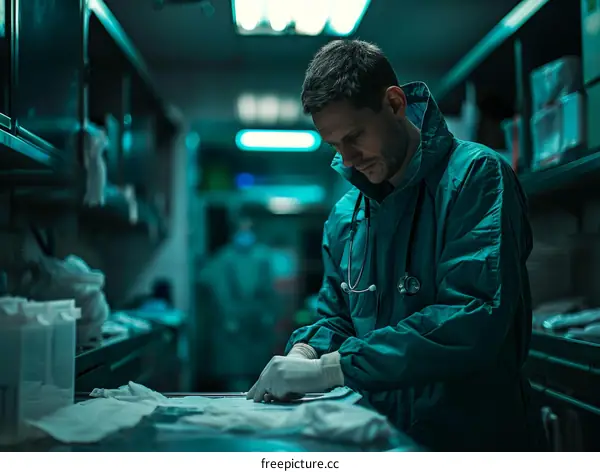 Surgeon in Green Scrubs Preparing Surgical Instruments