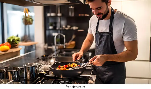 Man Cooking in the Kitchen,  Smiling while Stirring Food in a Pan on the Stove