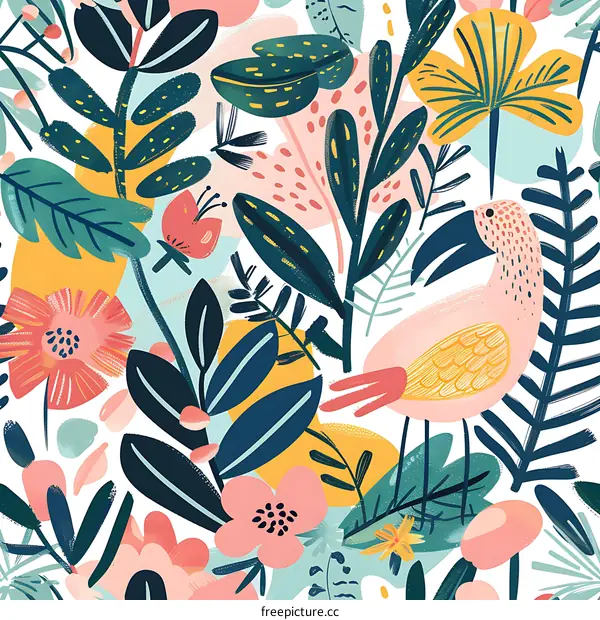 Floral Pattern With Bird Illustration