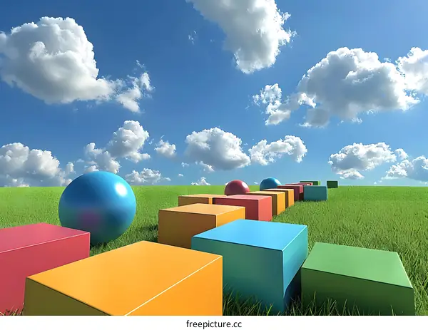 Colorful Blocks and Spheres on a Grassy Field with Blue Sky and White Clouds