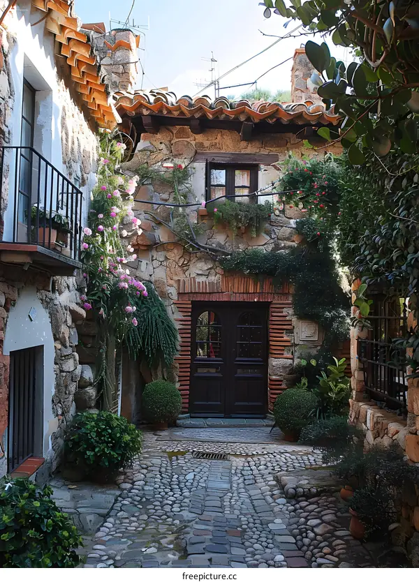 Stone alley with flowers in a Mediterranean village
