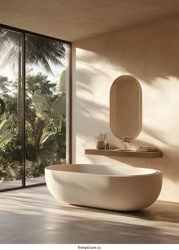 Modern Minimalist Bathroom Design With Oval Tub And Tropical View