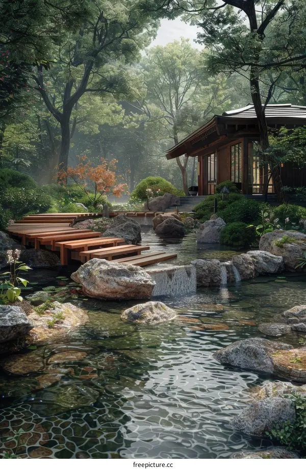 Tranquil Japanese Garden with Stepping Stones and Koi Pond