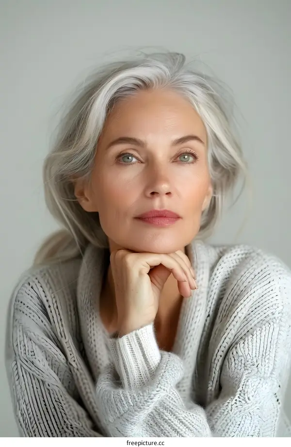Portrait of a Beautiful Mature Woman with Silver Hair and Soft Makeup