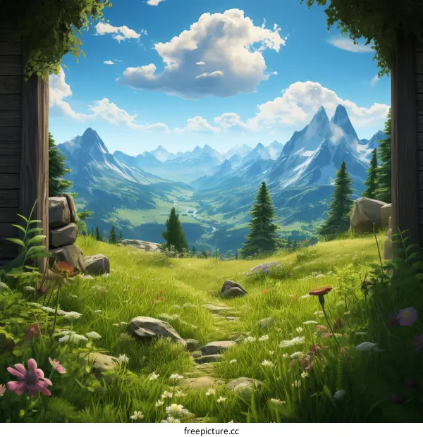 fantasy landscape with mountains, river and flowers