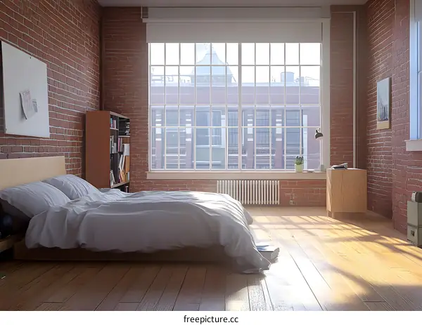 Modern Bedroom with Brick Wall and Large Window