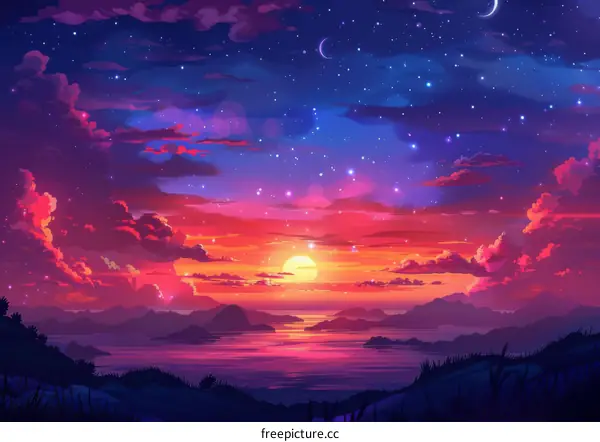 Sunset and starry sky