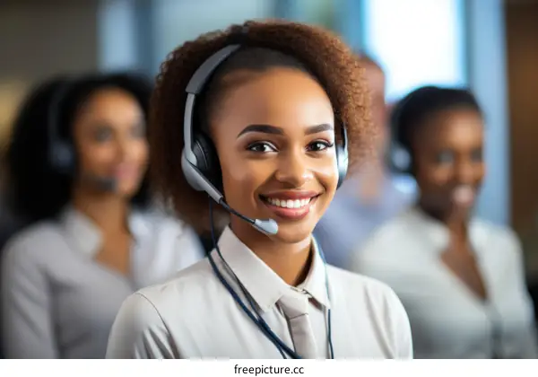 Smiling African American woman wearing a headset working in a call center
