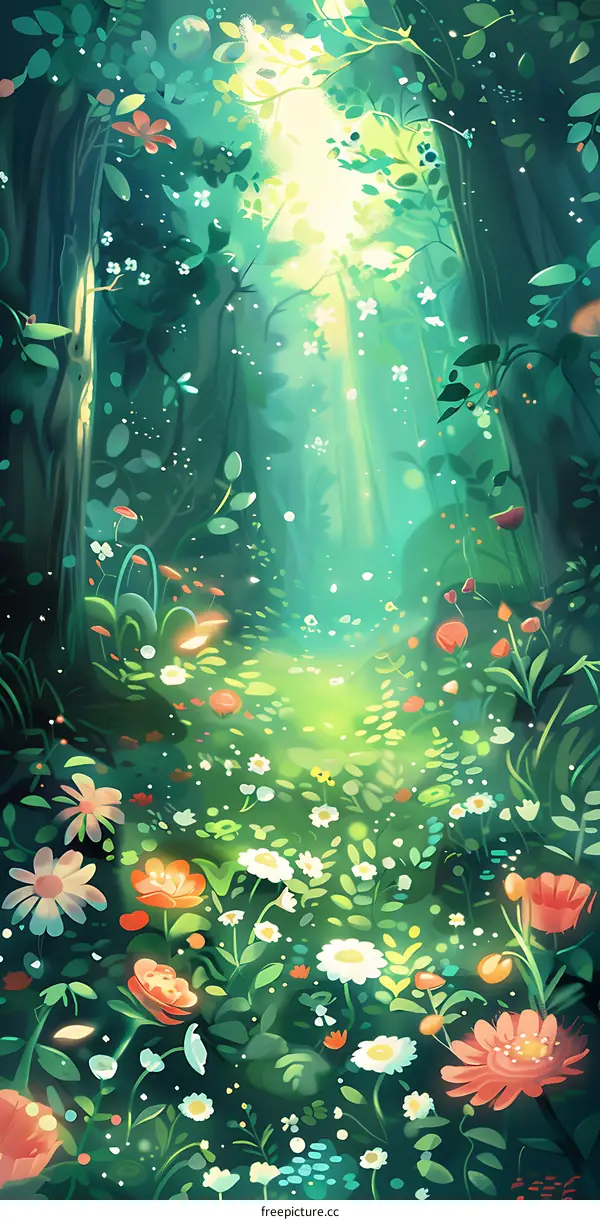 Forest Illustration with Sunbeams and Flowers