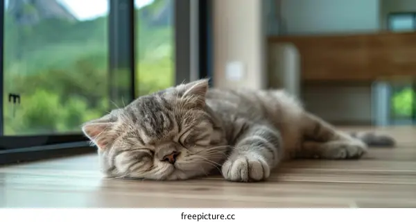 A cute cat sleeping soundly on the floor