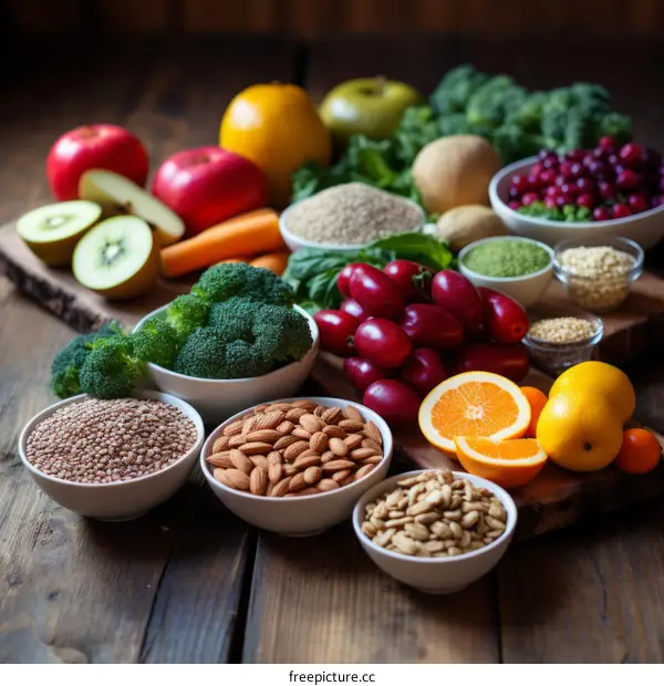 A variety of healthy food including fruits, vegetables, and grains