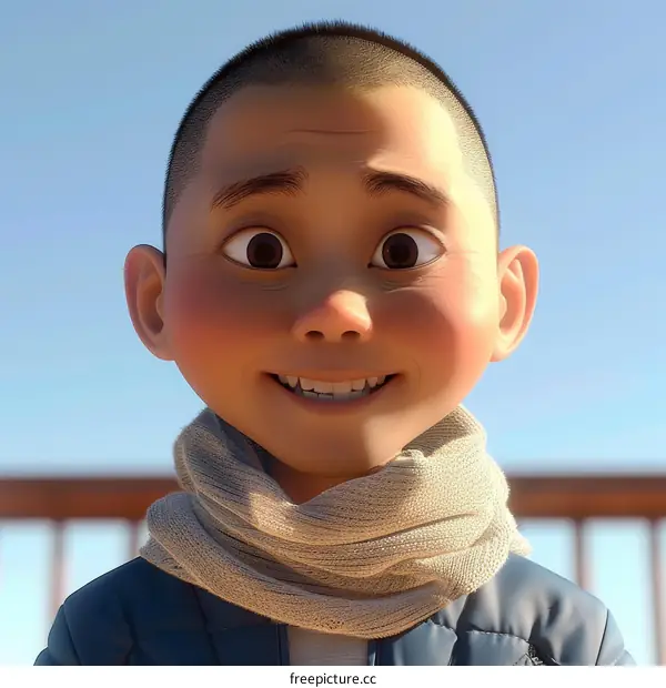 Young Chinese Boy with Shaved Head and Warm Smile