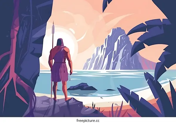 Man with Spear Standing on Cliff Looking at Ocean