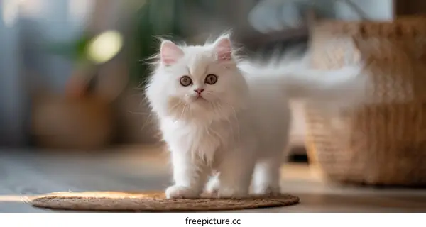 A cute white Persian kitten standing on a straw mat