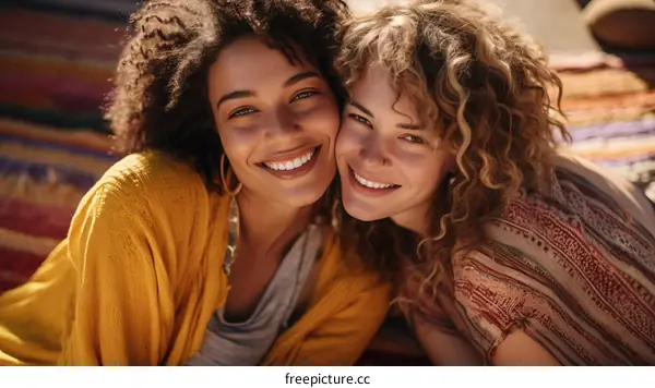 Portrait of two smiling young women with curly hair